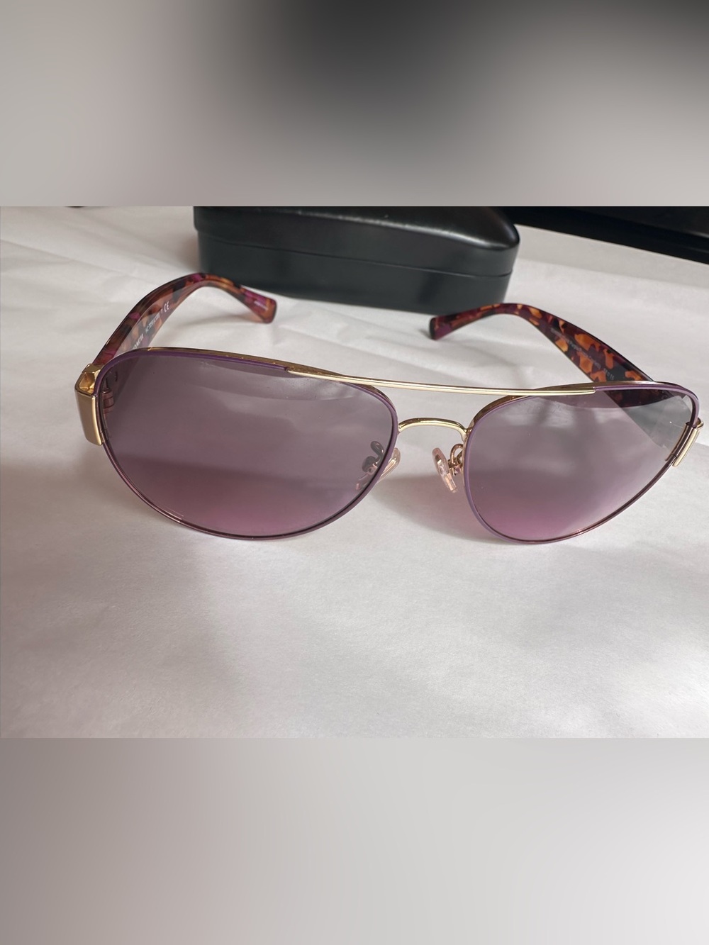 Coach Gold Metal Aviator Sunglasses with Purple Lenses and Tortoise Temples